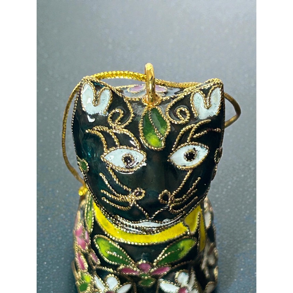 Vintage Cloisonne Enamel Cat Ornament Black Floral Gold Wire Filigree Figurine - Picture 6 of 6